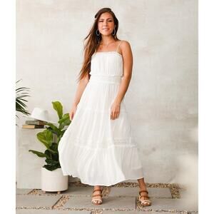 Hyfve Women M White Tierd Maxi Long Dress Fully Lined Boho Lace Adjustable Strap